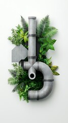 Industrial Pipe Design Surrounded by Lush Green Tropical Leaves Environmental Impact Carbon Recycling Forest Industry