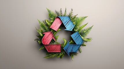 Colorful Recycle Symbol Surrounded by Green Fern Leaves Environmental Impact Carbon Recycling Forest Industry
