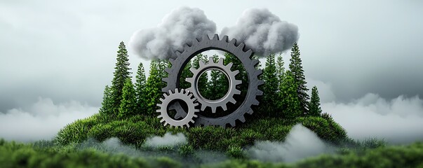 Industrial Gears Among Lush Green Forest and Soft Clouds in Nature Environmental Impact Carbon Recycling Forest Industry