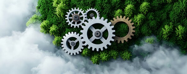 Gears on Green Background Symbolizing Nature and Industry Harmony Environmental Impact Carbon Recycling Forest Industry