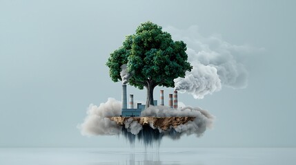 Environment Pollution Concept with Tree and Smokestacks in Cloud Environmental Impact Carbon Recycling Forest Industry