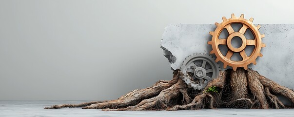Industrial Roots and Gears Concept on Concrete Wall Background Environmental Impact Carbon Recycling Forest Industry