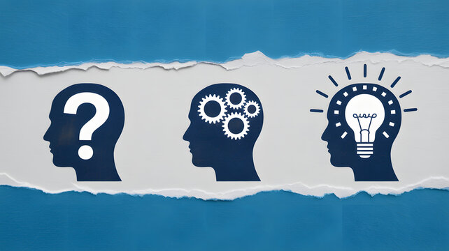 Conceptual illustration of human heads showing questioning problem solving and generating new ideas on a torn blue and white background