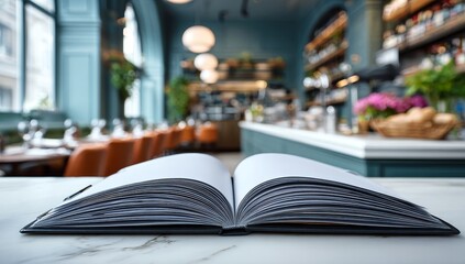 A blank white menu card rests on the marble bar counter of a modern restaurant, with soft warm lights illuminating the shelves behind, empty glasses placed nearby, and a plant adding a touch of