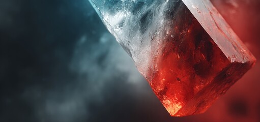 Against a dark background lit by red and blue lights, the clear crystal award trophy sits on a black stand, representing success, victory, and acknowledgment in any domain