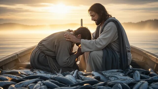 The Miraculous Catch of Fish: Jesus and Peter in a boat. Depart from me, for I am a sinful man, O Lord.