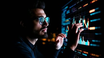 Focused businessman analyzing data on screen at night - Powered by Adobe