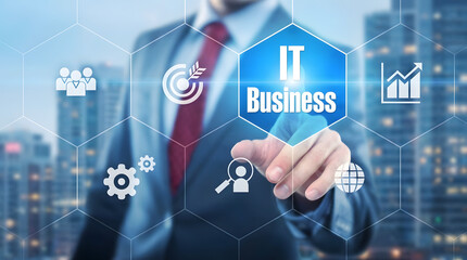 A professional businessman in a suit interacting with a glowing IT Business digital interface overlaid on a blurred modern city skyline background