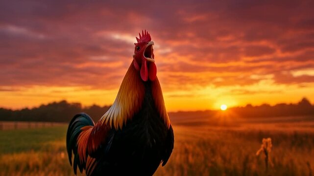 Majestic rooster crowing at sunrise in rural landscape