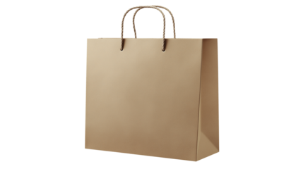 Minimal beige paper shopping bag with rope handles, isolated PNG on transparent background for branding, packaging design, retail and online store mockups.