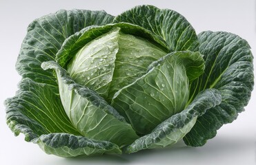 The whole green cabbage, characterized by its smooth surface and tightly packed leaves, is a fresh vegetable with crisp texture and light green color, suitable for healthy meals, cooking, and dietary