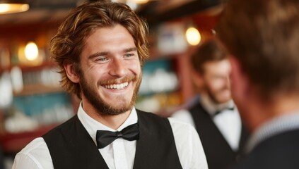 At the elegant fine‑dining establishment, a smiling Indian waiter in uniform chats with a customer, delivering polite, attentive service through professional teamwork