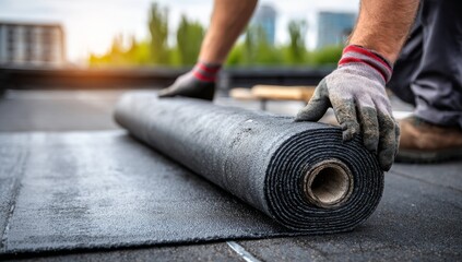 A construction worker, wearing gloves, installs a waterproof membrane on a commercial building's rooftop, unfurling the heavy material for weather protection as part of roof repair and building