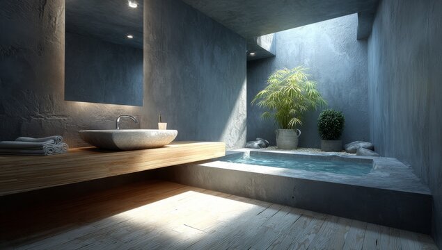Modern bathroom with floating wood vanity, vessel sink, illuminated mirror, and potted plant; clean white walls contrast with natural wood tones, producing a serene, minimalist ambiance