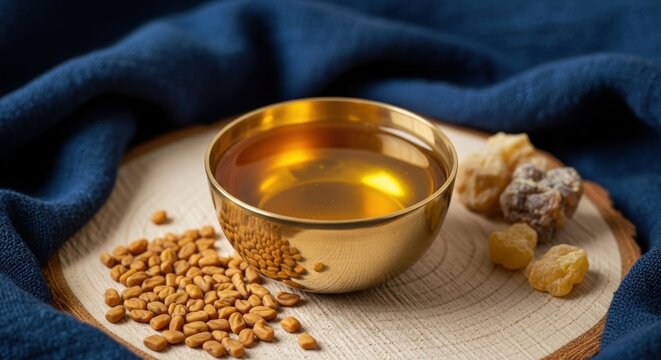Golden Liquid Subag Ghee in Brass Bowl on Raw Wood with Frankincense and Indigo Textile