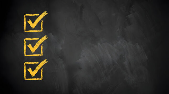 Three bright yellow chalk check marks within squares are neatly drawn on a dark textured black chalkboard signifying task completion success and a pos