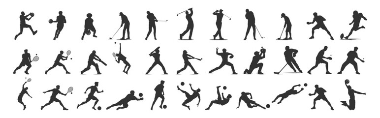 Sports player silhouettes collection, athletes in action, football soccer baseball basketball tennis golf vector illustration on transparent background