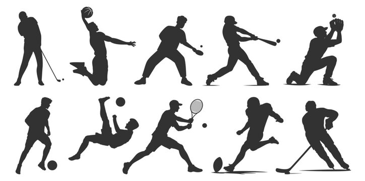 Sports player silhouettes set, athletes in action poses from different sports, football soccer baseball basketball tennis golf hockey vector illustration on transparent background