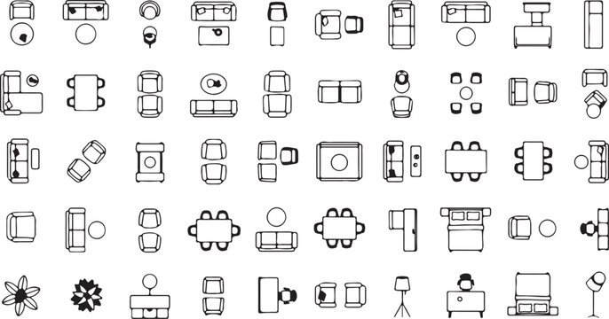 Clean CAD Outline Furniture Vector Line Art Icon Set