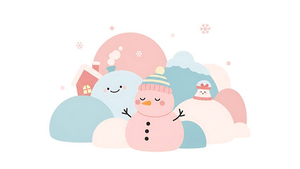 Snowman and snow friends in winter landscape isolated on a transparent background