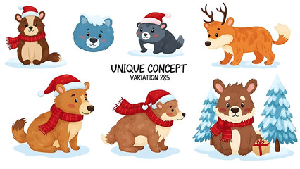 Fototapeta premium Cartoon animals wearing holiday scarves and hats isolated on a transparent background