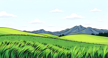 grass, green, sky, blue, cartoon, landscape, nature, outdoor, meadow, field, hills, countryside, rural, scenery, background, sunny, daylight, spring, summer, fresh, bright, peaceful, calm, serene, cut