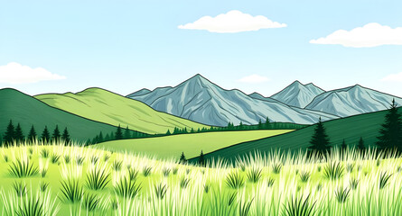 green, grass, blue, sky, cartoon, landscape, nature, outdoor, meadow, field, hill, countryside, rural, scenery, background, sunny, daylight, spring, summer, fresh, bright, peaceful, calm, cute, simple