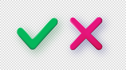 Yes and no design element realistic style green and red isolated on transparent background for quiz, test question, badge, sticker, mark, icon, social media