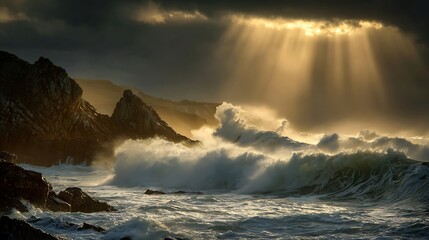 Dramatic ocean waves crash against rocky coastline under a stormy sky with sun rays
