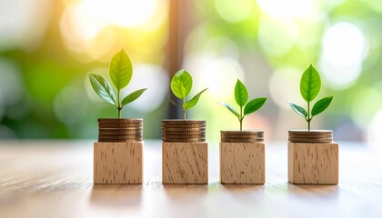 Green plants sprout from stacks of coins, symbolizing growth and investment