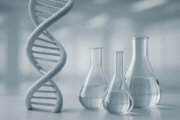 DNA double helix model standing beside glass conical laboratory flasks containing liquid, symbolizing biotechnology and science