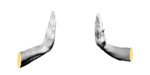 Halftone. Human hand gestures, greeting, vintage collage style, black and white halftone texture, retro comic book style with bold dotted texture. High contrast black and white image isolated on white