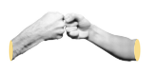 Halftone. Human hand gestures, greeting, vintage collage style, black and white halftone texture, retro comic book style with bold dotted texture. High contrast black and white image isolated on white