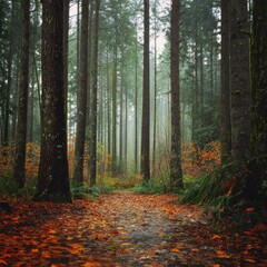 Autumn Forest Path with Fallen Leaves and Tall Trees in Misty Woodland Landscape