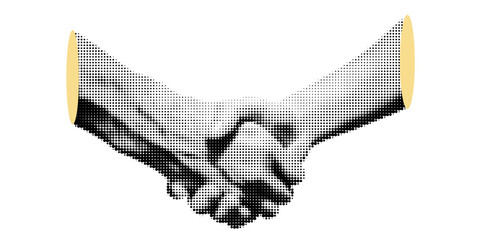 Halftone. Human hand gestures, greeting, vintage collage style, black and white halftone texture, retro comic book style with bold dotted texture. High contrast black and white image isolated on white