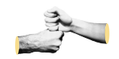 Halftone. Human hand gestures, greeting, vintage collage style, black and white halftone texture, retro comic book style with bold dotted texture. High contrast black and white image isolated on white