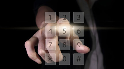 Human hand presses glowing number five on digital keypad with lens flare on dark background representing modern technology interaction
