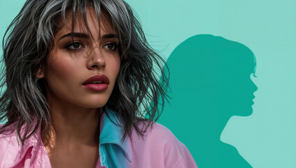 Thoughtful woman with gray-streaked hair against teal background and shadow silhouette