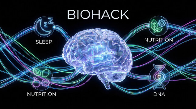 Brain illustration with neon data streams and biohack icons connecting systems