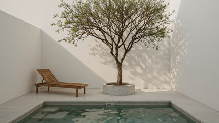 Minimalist outdoor patio with a wooden lounge chair, potted tree, and small pool in a serene setting