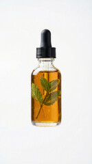Dropper bottle of herbal tincture with mint leaves suspended in amber liquid