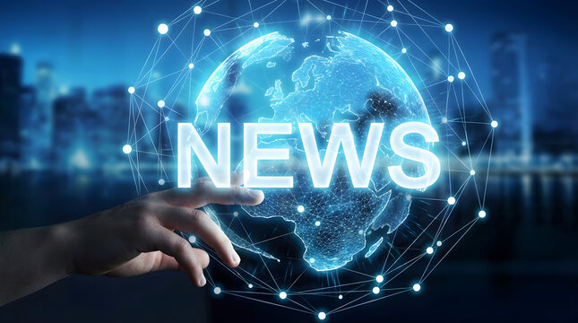 Human hand touching a glowing blue digital globe displaying the word NEWS within an interconnected global network futuristic cityscape background - Powered by Adobe