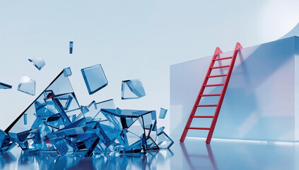 Red ladder leaning on a white wall with shattered blue glass pieces scattered on a reflective surface