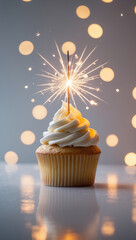 Festive cupcake with white frosting topped with a lit sparkler against a blurred bokeh light background
