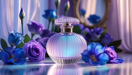 Elegant glass perfume bottle surrounded by purple and blue flowers on a reflective surface