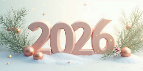 Festive 2026 New Year composition with pink numbers, pine branches, ornaments, and snow on a light background