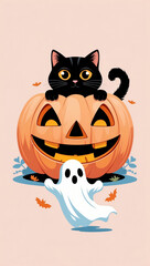 Black cat peeking from a carved pumpkin with a ghost and autumn leaves on a light background