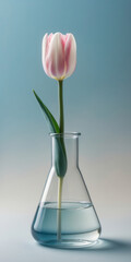 Pink tulip in a glass laboratory flask filled with water against a soft gradient blue background
