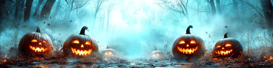 Carved pumpkins with glowing faces are scattered on a misty forest floor. Concept of Halloween atmosphere. For festive decoration.