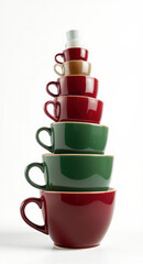 Stack of colorful coffee cups in red, green, and white arranged vertically on a white background